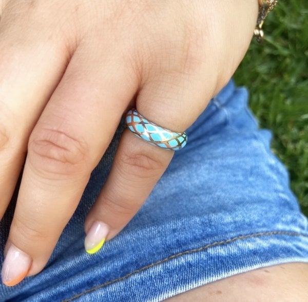 BOMBELİ KARE MAVİ YÜZÜK